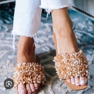 Tory Burch Logan Leather Crystal Slides Rose/Natural Vachetta Size 6/12.